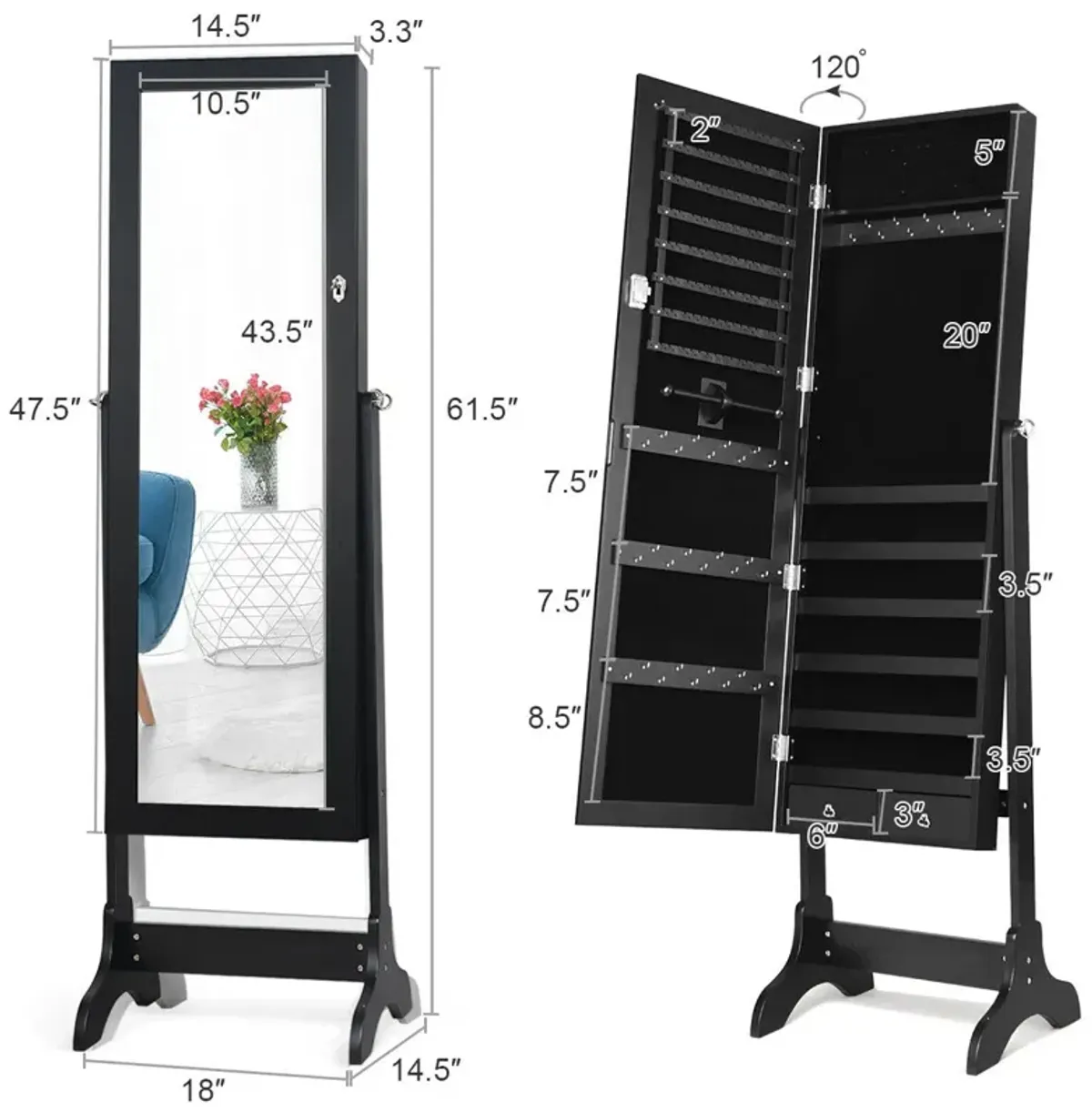 Lockable Mirrored Jewelry Cabinet Armoire Storage Organizer Box