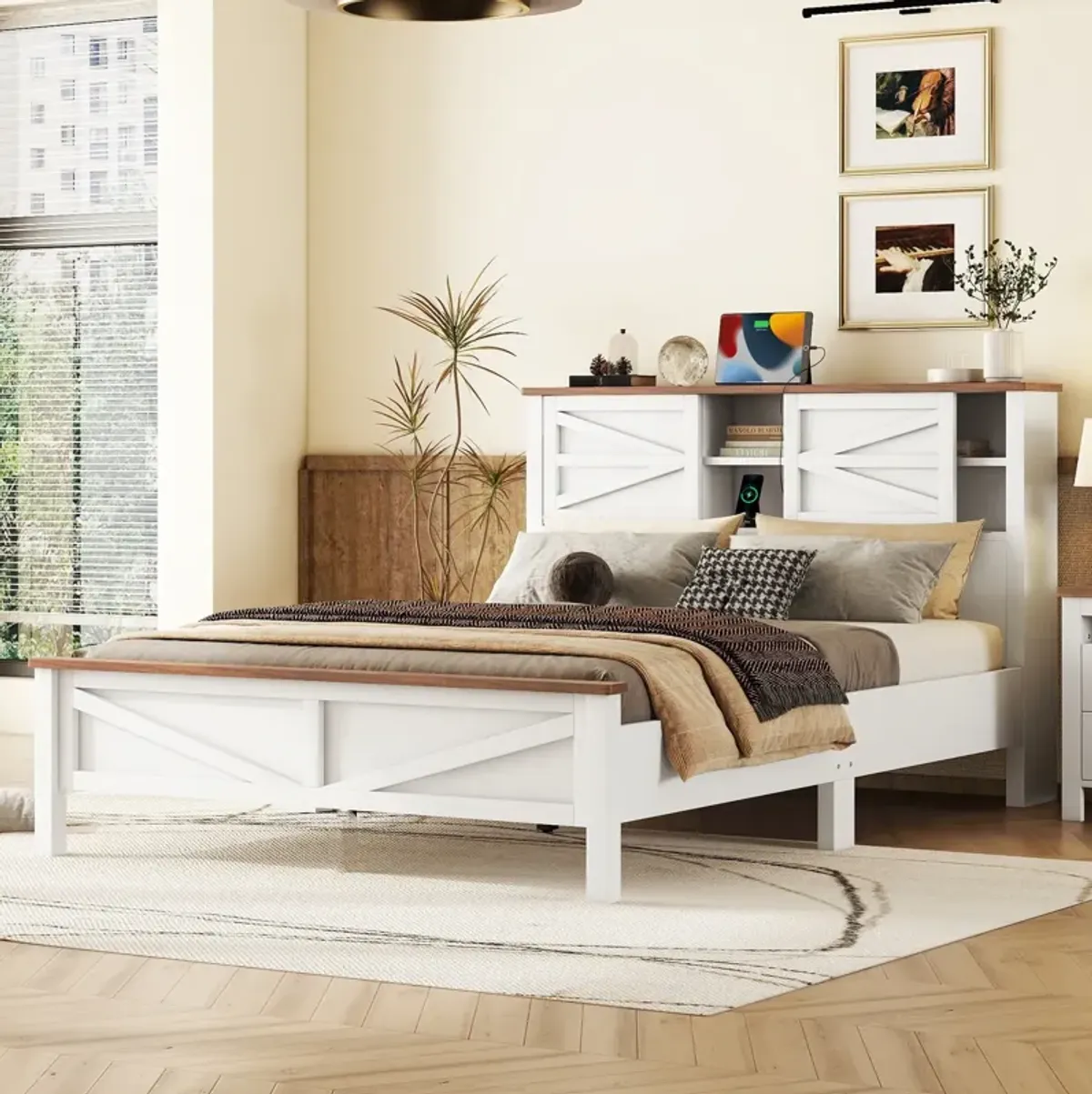 Merax Farmhouse Platform Bed with Charging Station