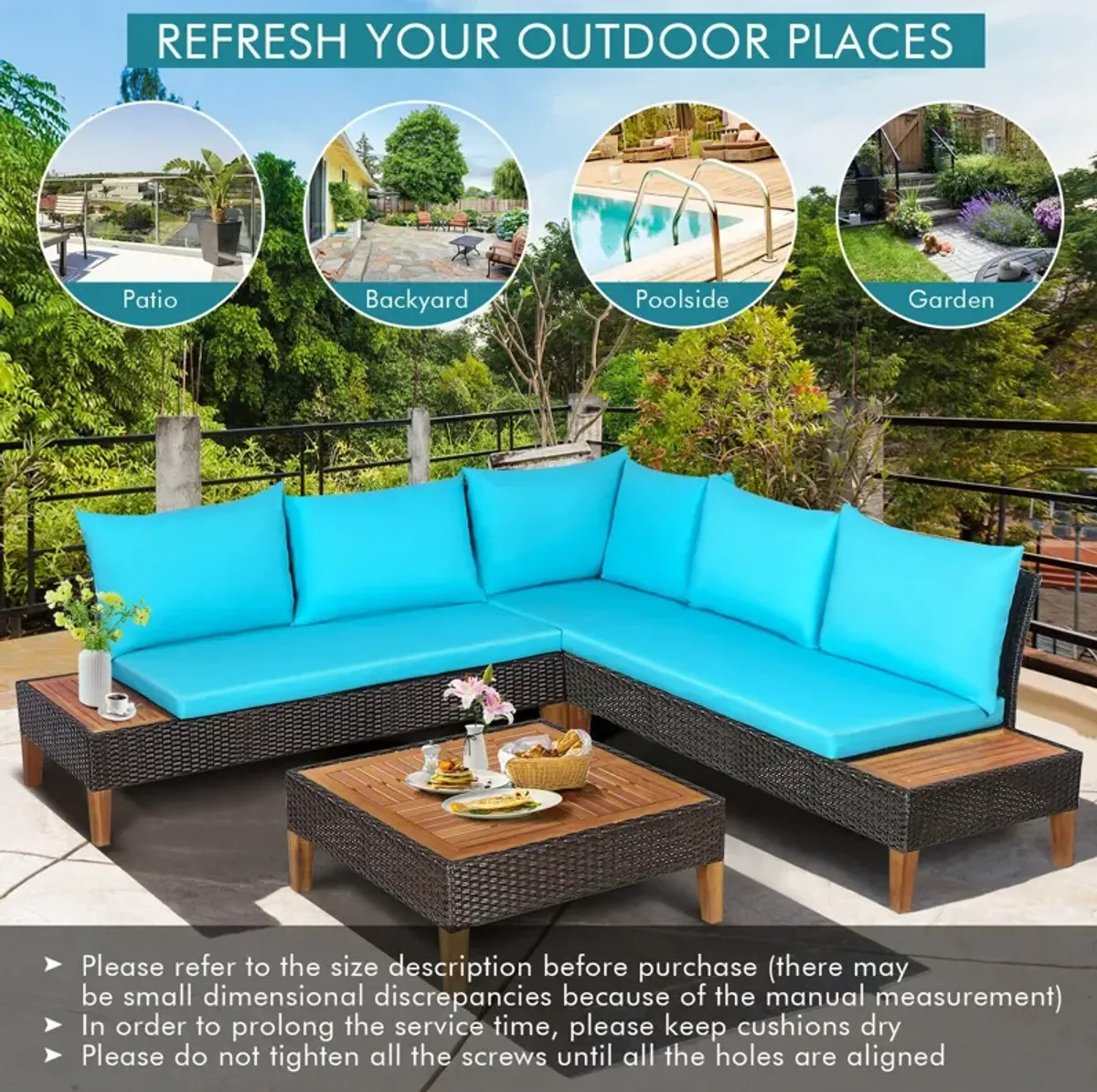 4 Pieces Patio Cushioned Rattan Furniture Set with Wooden Side Table