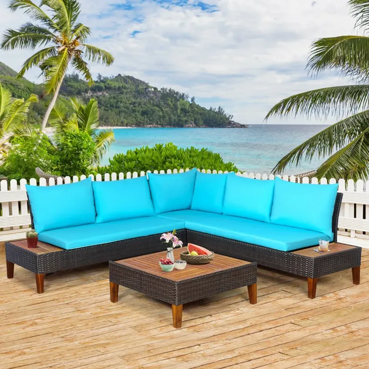 4 Pieces Patio Cushioned Rattan Furniture Set with Wooden Side Table