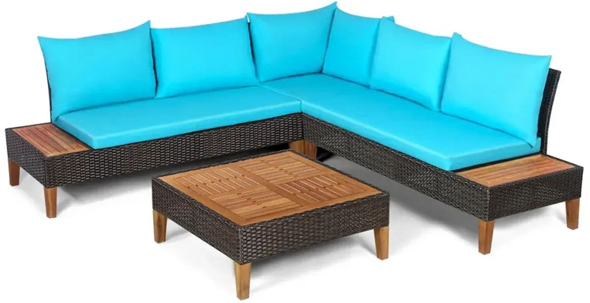 4 Pieces Patio Cushioned Rattan Furniture Set with Wooden Side Table