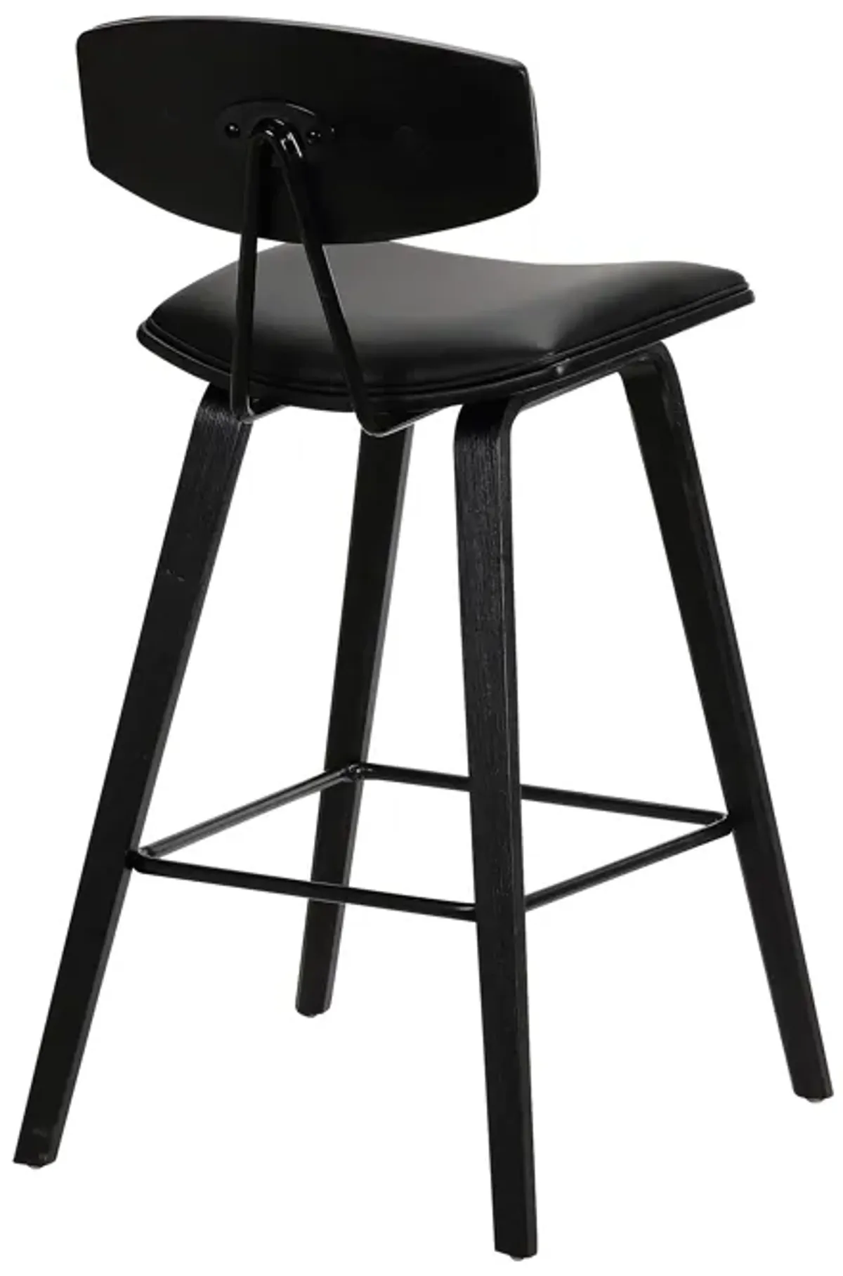 Fox Counter Height Black Faux Leather and Black Wood Mid-Century Modern Bar Stool