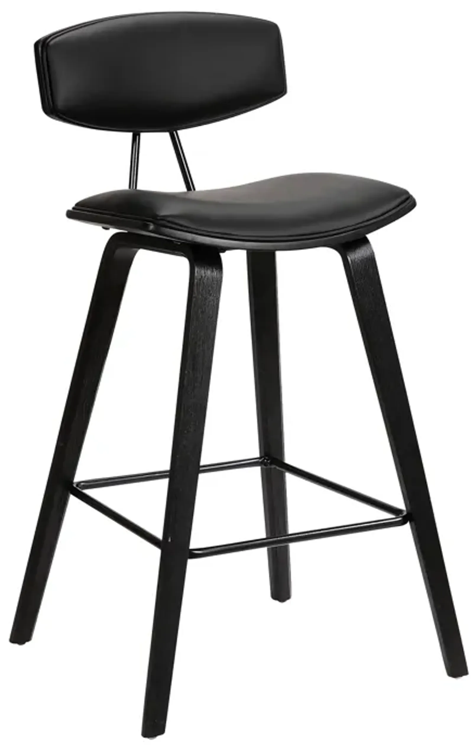 Fox Counter Height Black Faux Leather and Black Wood Mid-Century Modern Bar Stool