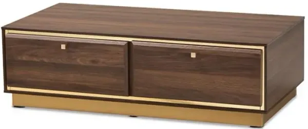 Transitional Walnut Brown Finished Wood and Gold Metal 2-Drawer Coffee Table