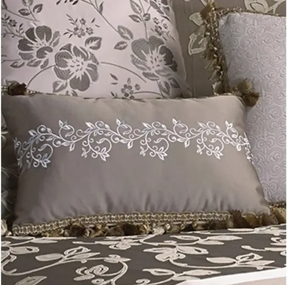 10 Piece King Polyester Comforter Set with Leaf Print, Platinum Gray - Benzara