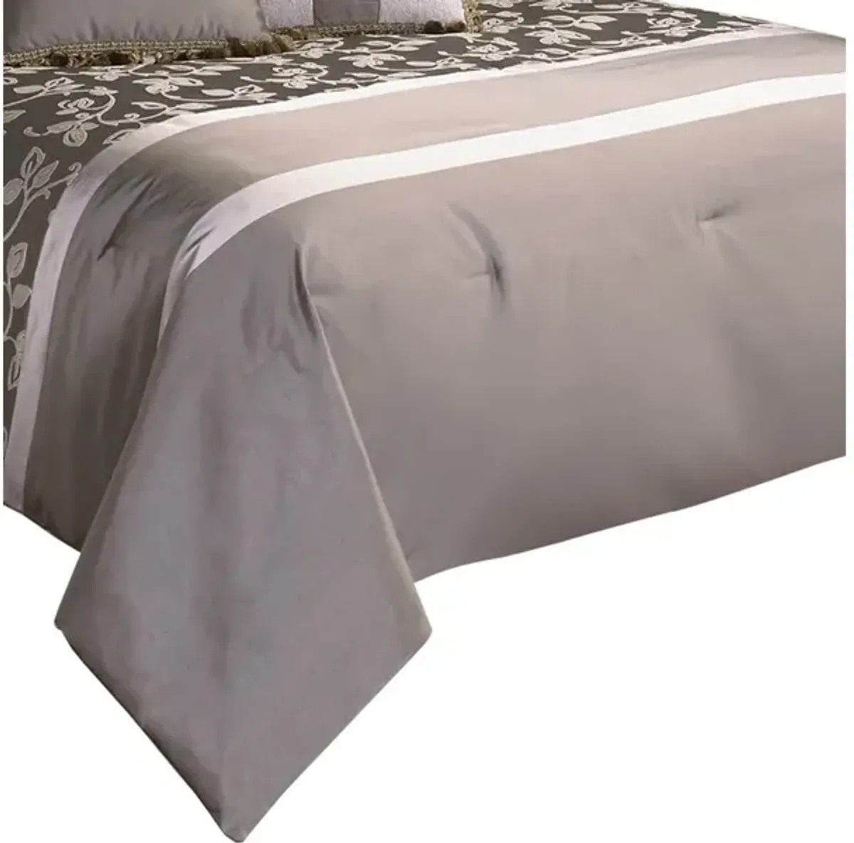 10 Piece King Polyester Comforter Set with Leaf Print, Platinum Gray - Benzara