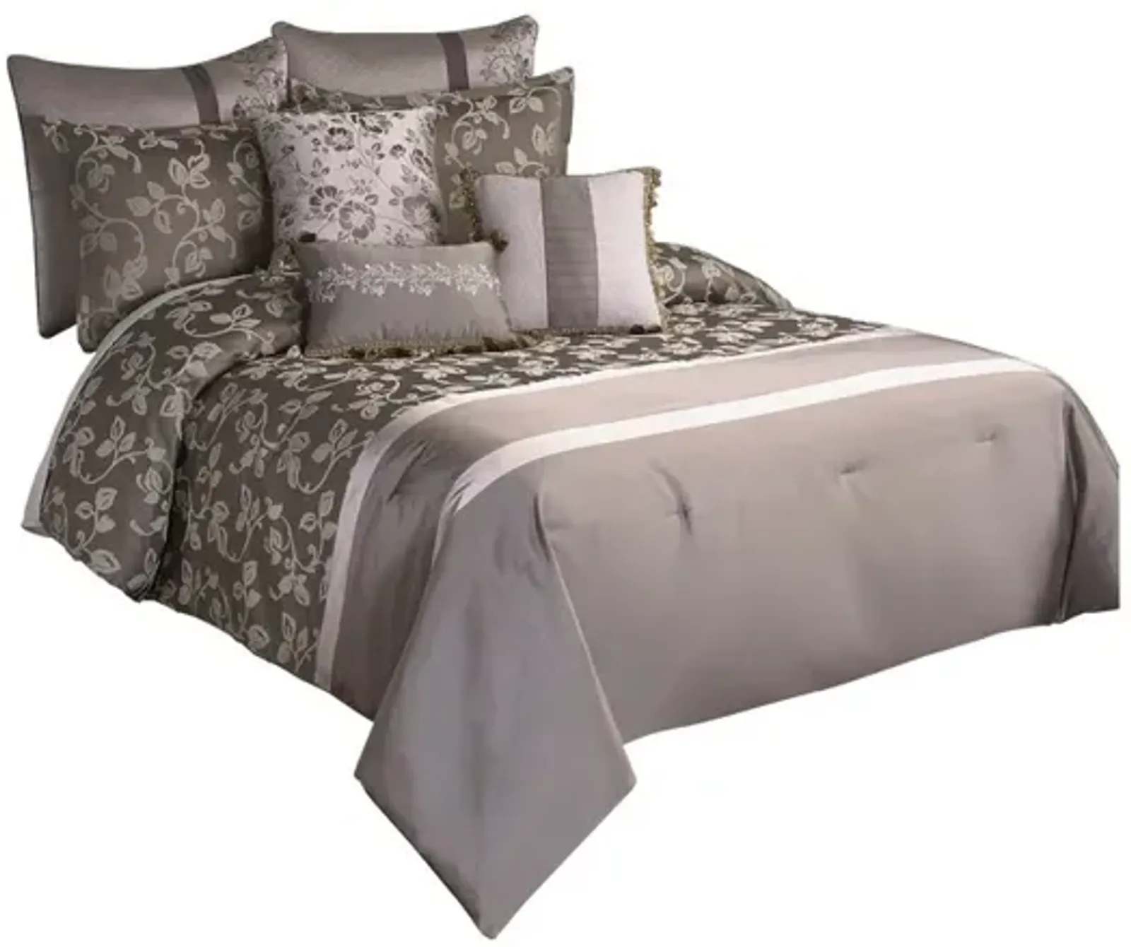 10 Piece King Polyester Comforter Set with Leaf Print, Platinum Gray - Benzara