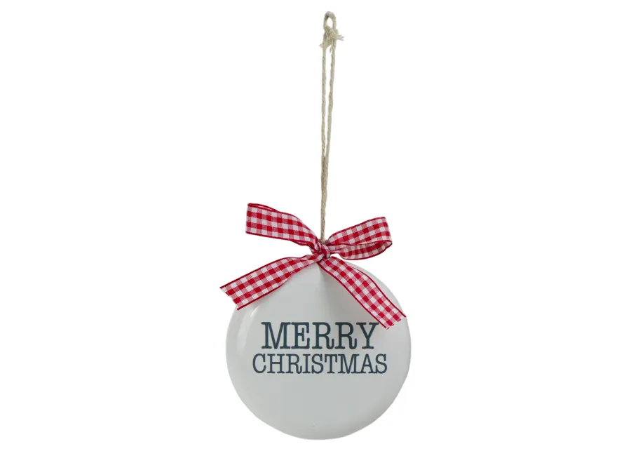 4.5" White and Red Merry Christmas Ornament with a Bow