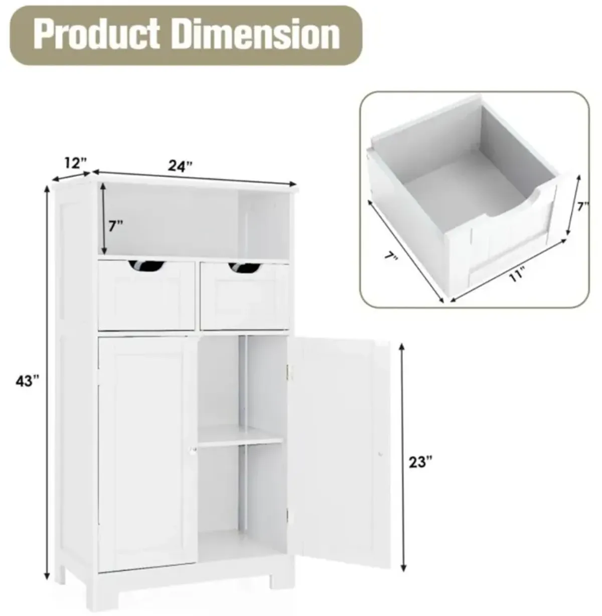 Hivvago Bathroom Wooden Side Cabinet  with 2 Drawers and 2 Doors