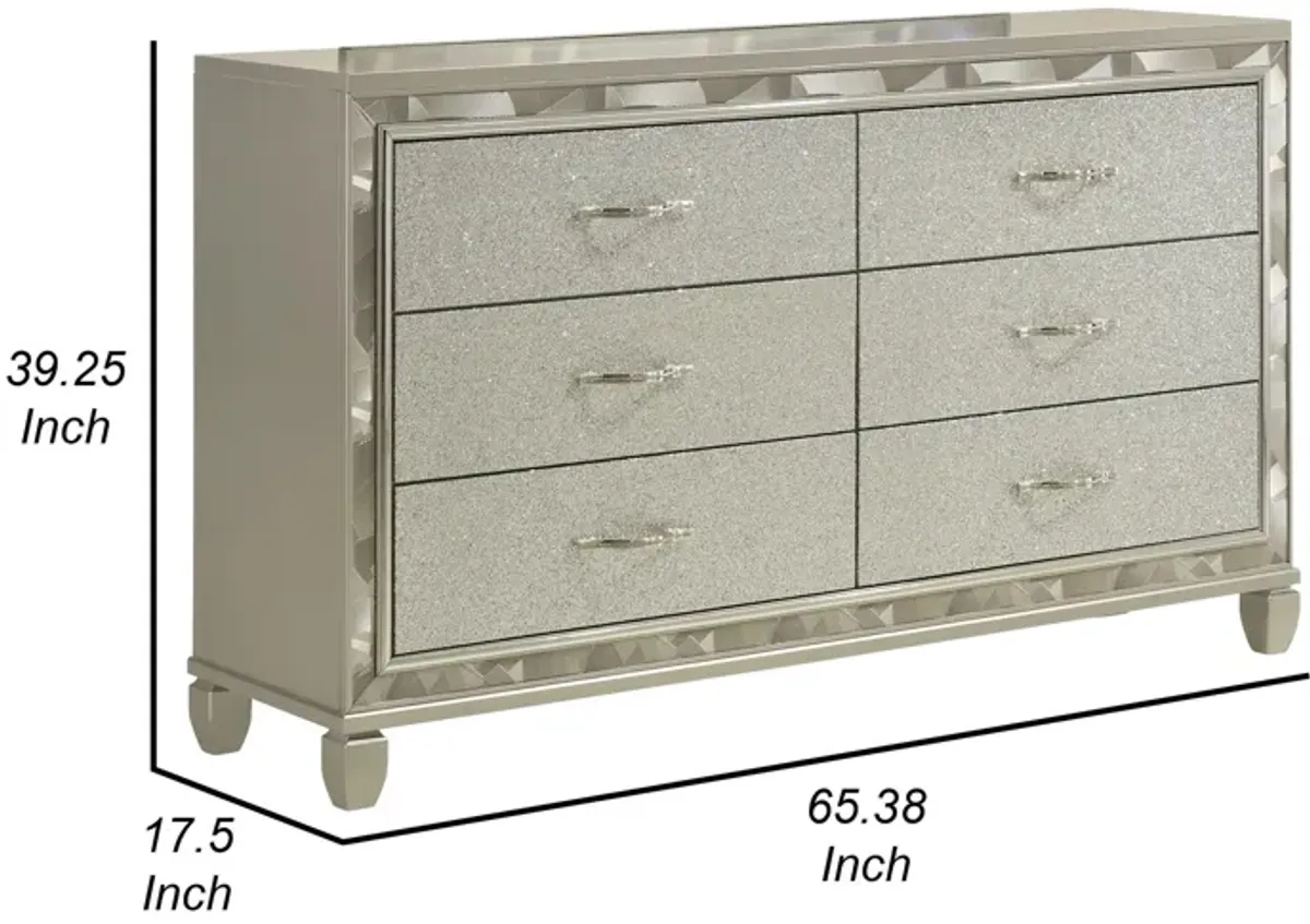 Benjara Bet 65 Inch Dresser, 6 Rhinestone Inlaid Drawers, Handles, Silver, Chrome