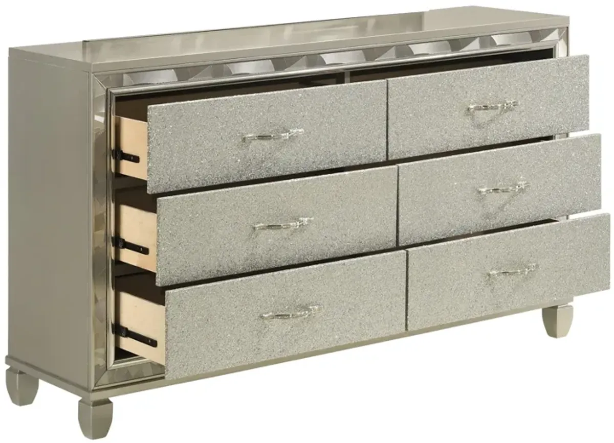 Benjara Bet 65 Inch Dresser, 6 Rhinestone Inlaid Drawers, Handles, Silver, Chrome