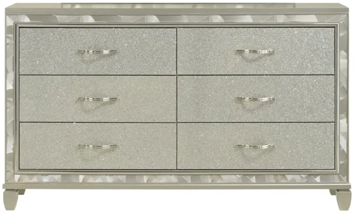 Benjara Bet 65 Inch Dresser, 6 Rhinestone Inlaid Drawers, Handles, Silver, Chrome