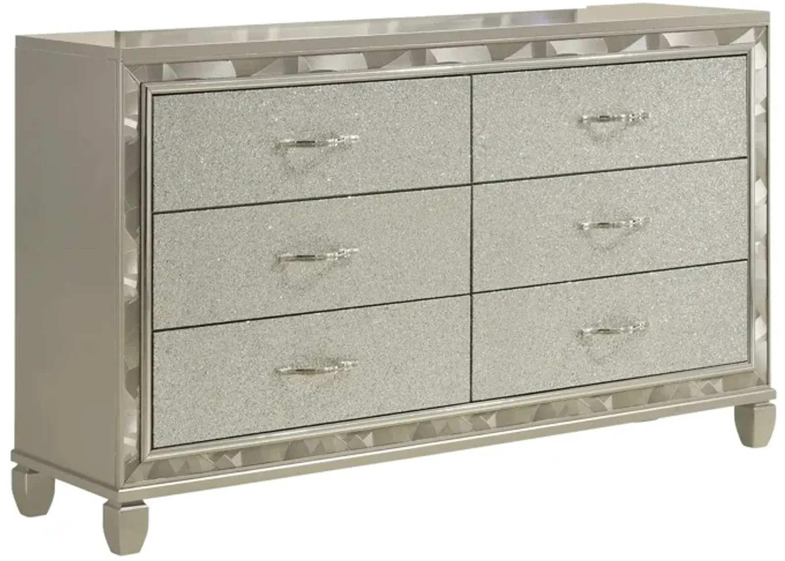 Benjara Bet 65 Inch Dresser, 6 Rhinestone Inlaid Drawers, Handles, Silver, Chrome