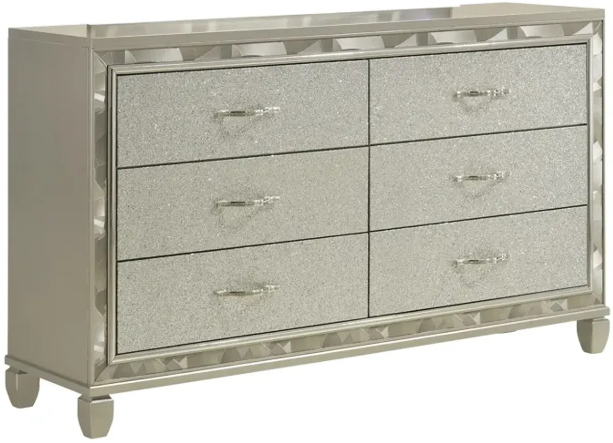 Benjara Bet 65 Inch Dresser, 6 Rhinestone Inlaid Drawers, Handles, Silver, Chrome