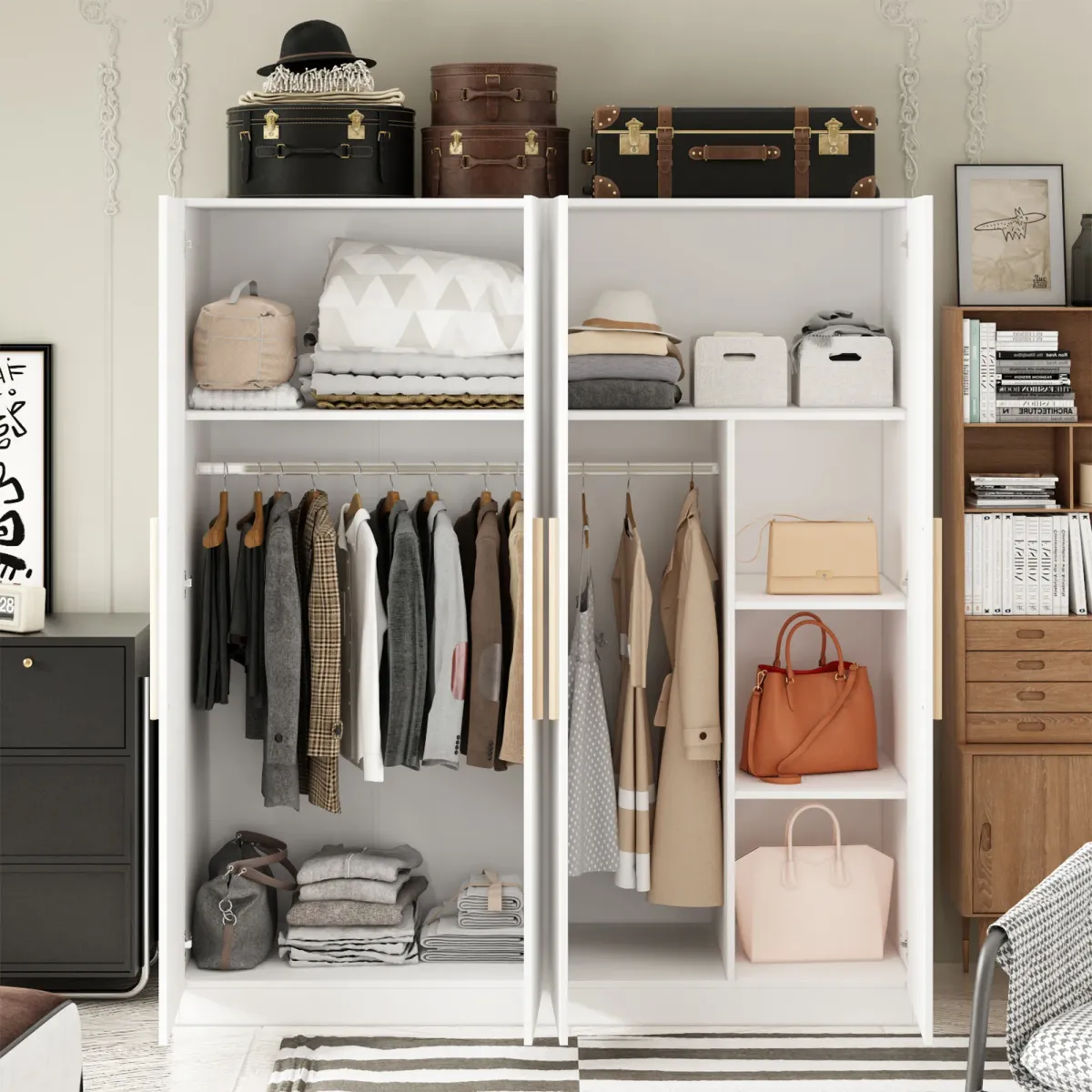 FUFU&GAGA 4-Door White Wardrobe Closet with Ample Storage and Elegant Design (63" W x 19.7" D x 70.9" H ) ,White