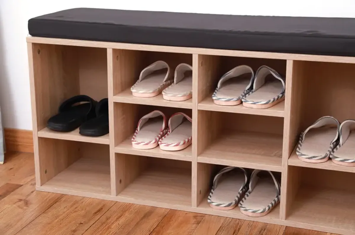 Natural Wooden Shoe Cubicle Storage Entryway Bench with Soft Cushion for Seating