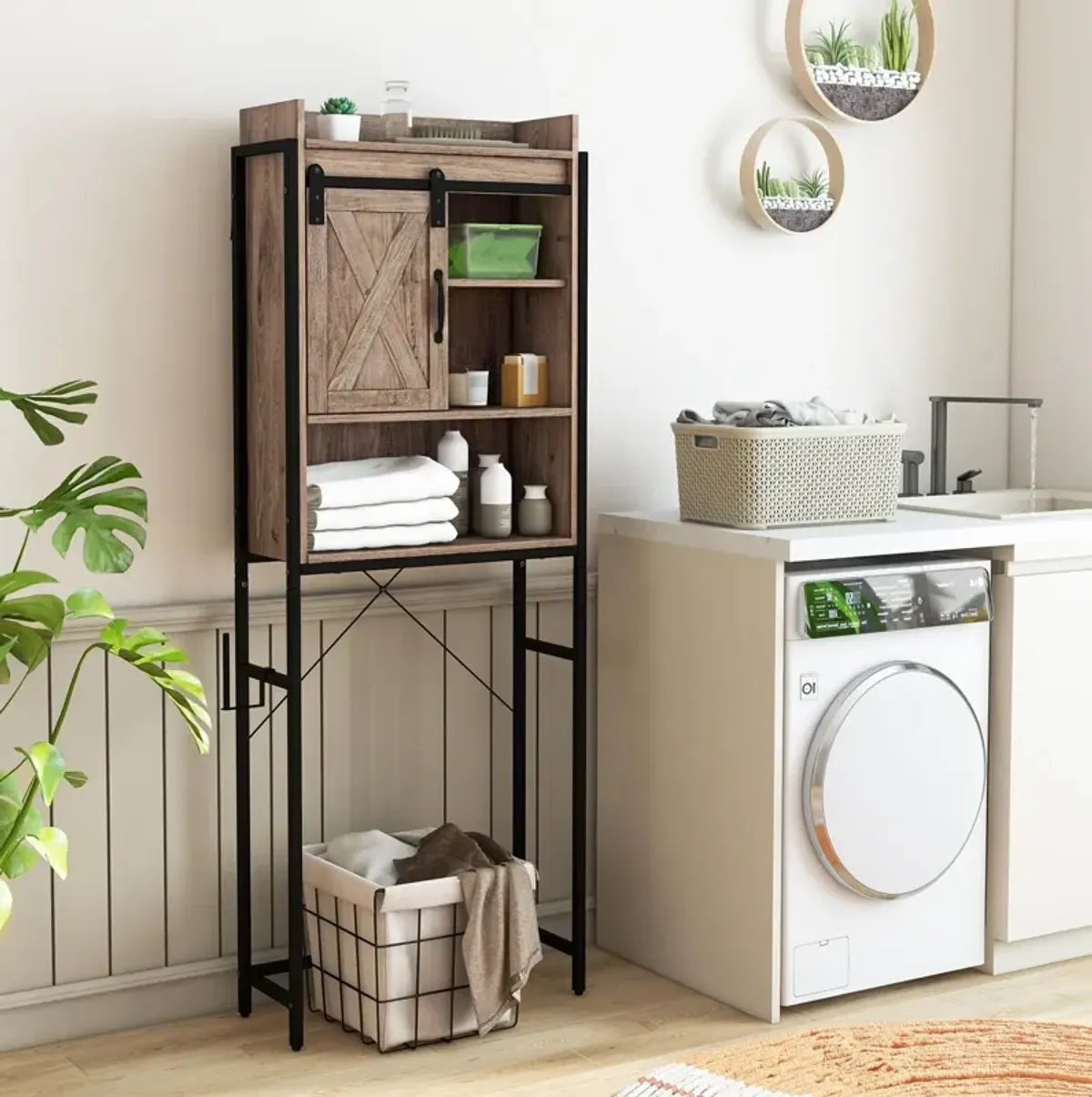 4-Tier Multifunctional Toilet Storage Cabinet with Adjustable Shelf and Sliding Barn Door-Gray