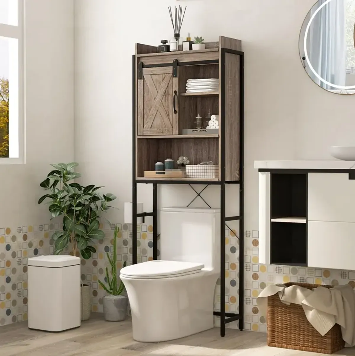 4-Tier Multifunctional Toilet Storage Cabinet with Adjustable Shelf and Sliding Barn Door-Gray