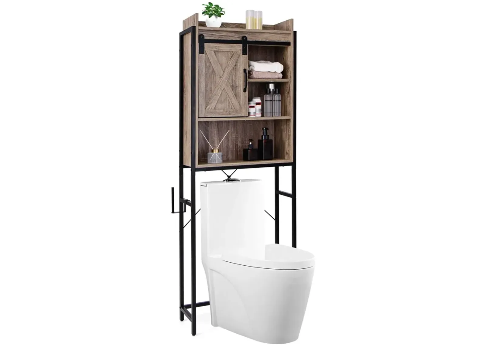 4-Tier Multifunctional Toilet Storage Cabinet with Adjustable Shelf and Sliding Barn Door-Gray