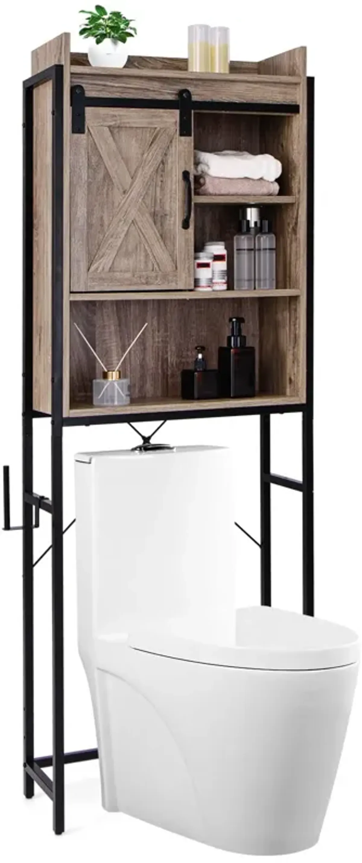 4-Tier Multifunctional Toilet Storage Cabinet with Adjustable Shelf and Sliding Barn Door-Gray