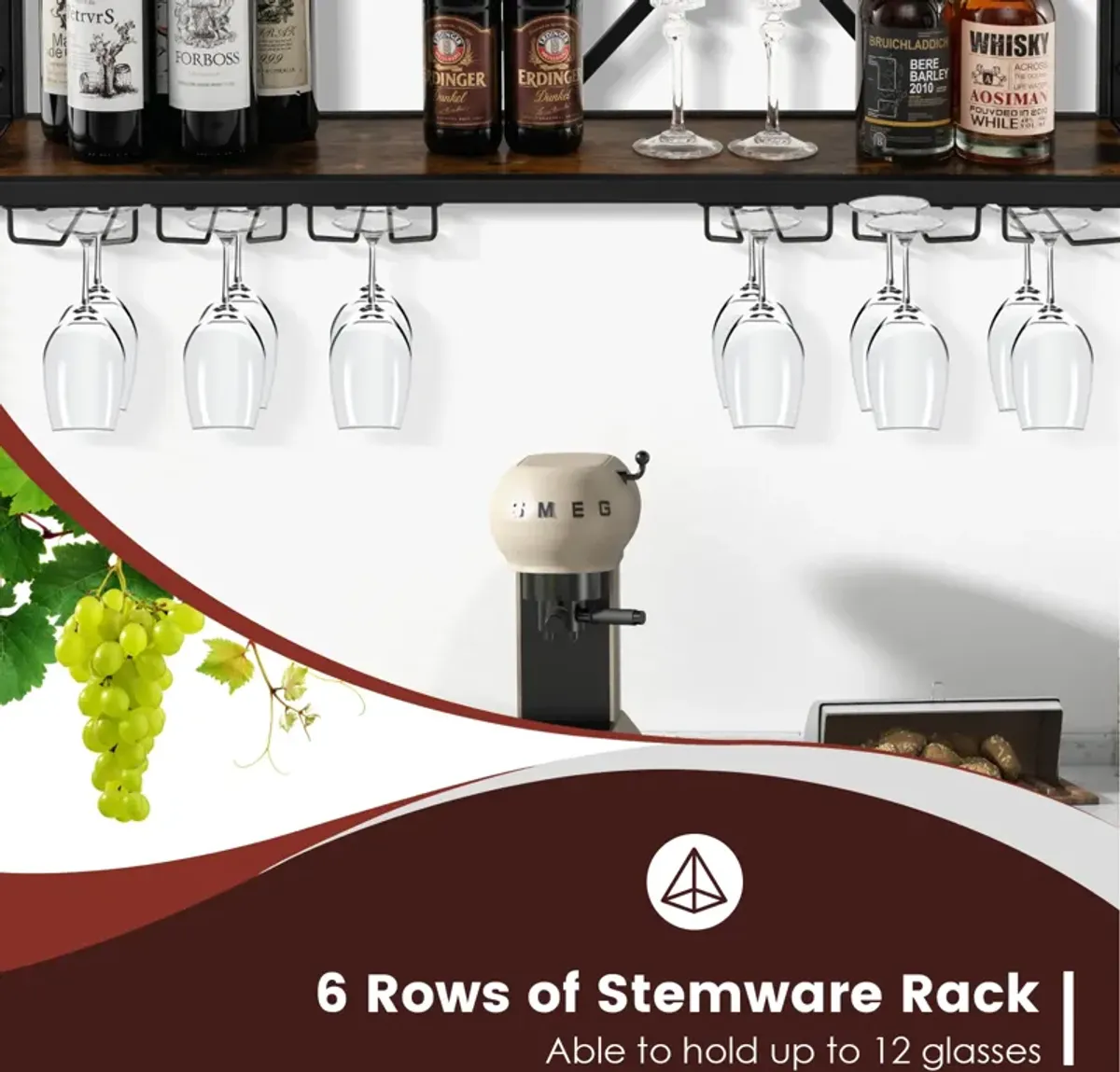 Wall Mounted Wine Rack for 39 Bottles and 12 Glasses