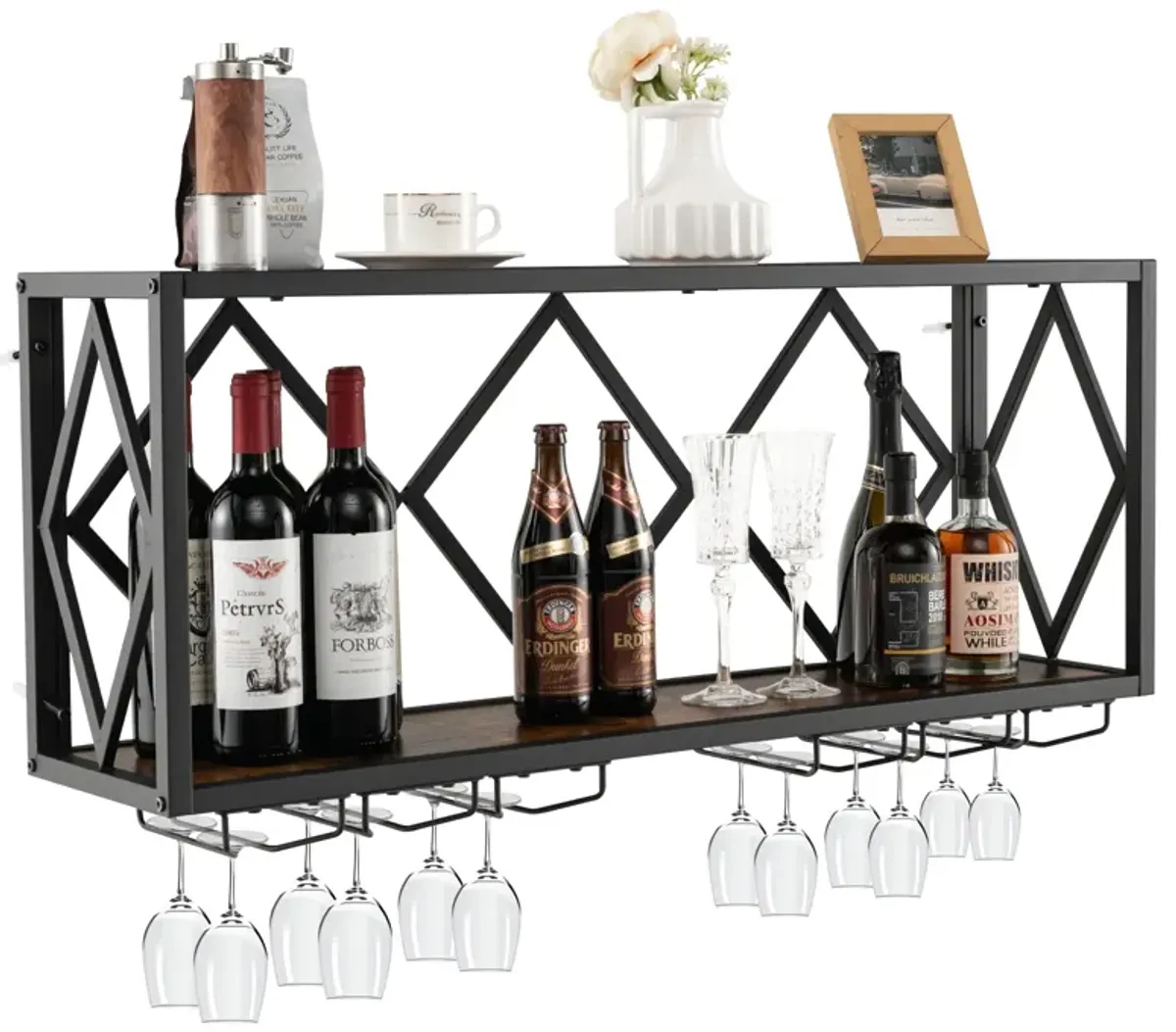 Wall Mounted Wine Rack for 39 Bottles and 12 Glasses