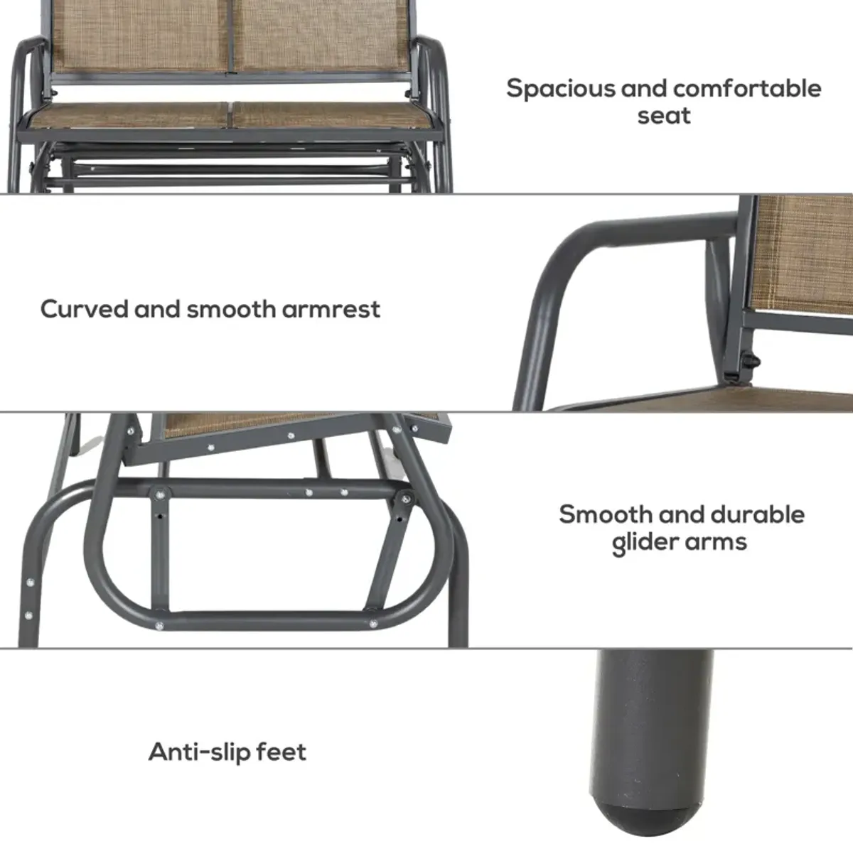 Outsunny 2-Person Outdoor Glider Bench, Patio Double Swing Rocking Chair Loveseat w/ Powder Coated Steel Frame for Backyard Garden Porch, Light Mixed Brown