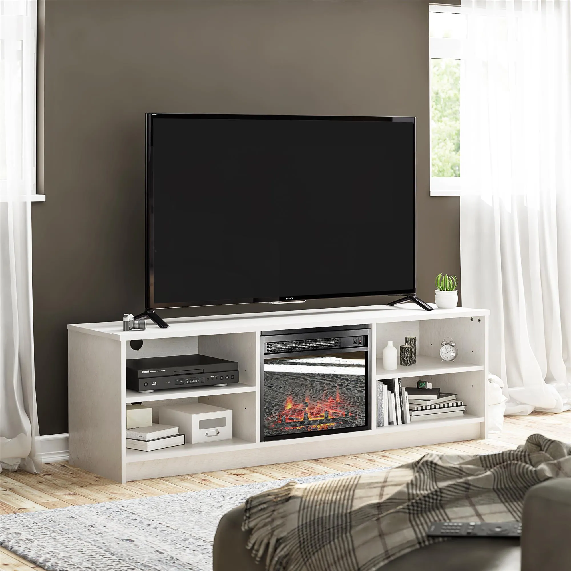 Nanton 65" TV Stand with Electric Fireplace Space Heater and 4 Shelves