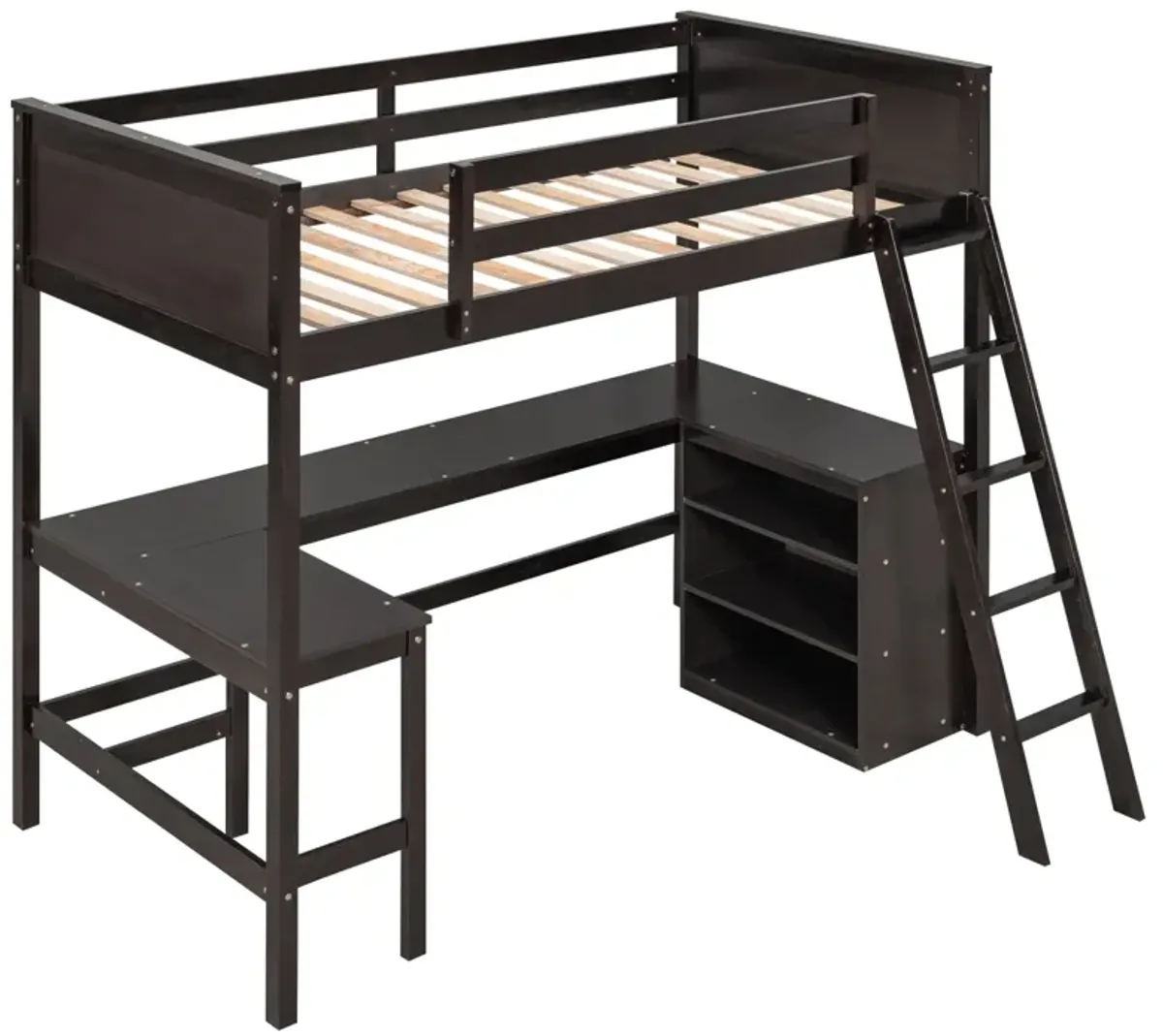 Twin Size Loft Bed With Shelves And Desk, Wooden Loft Bed With Desk