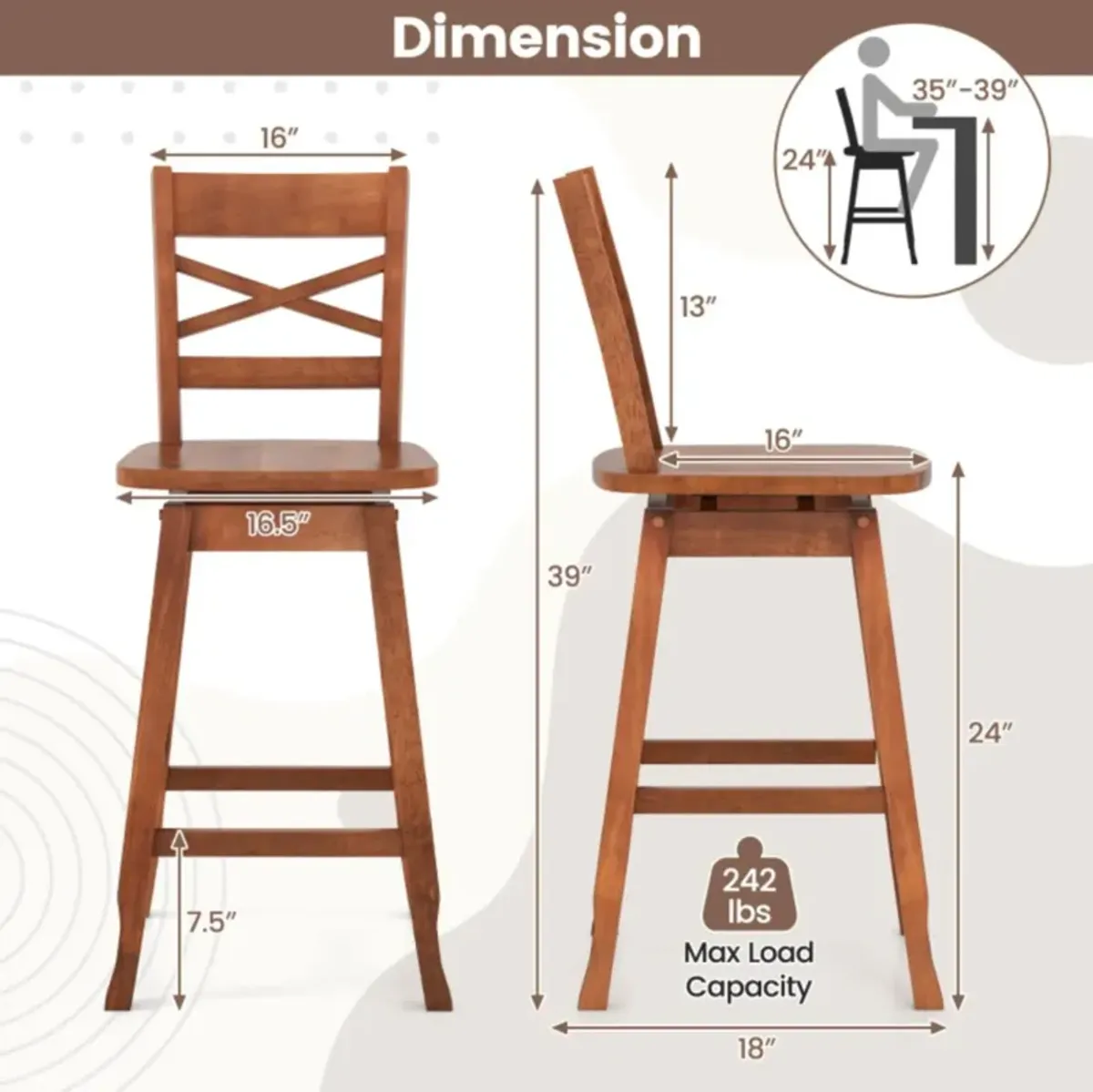 Hivvago Swivel 24-Inch Counter Height Stool Set of 2 with Inclined Backrest