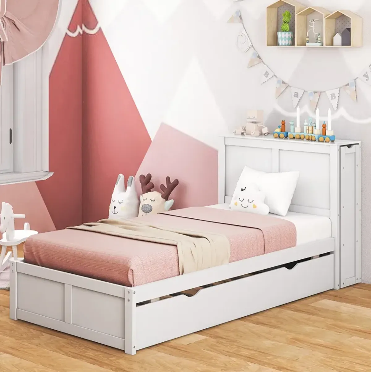 Kids Wooden Platform Bed with Trundle Storage Headboard-Twin Size