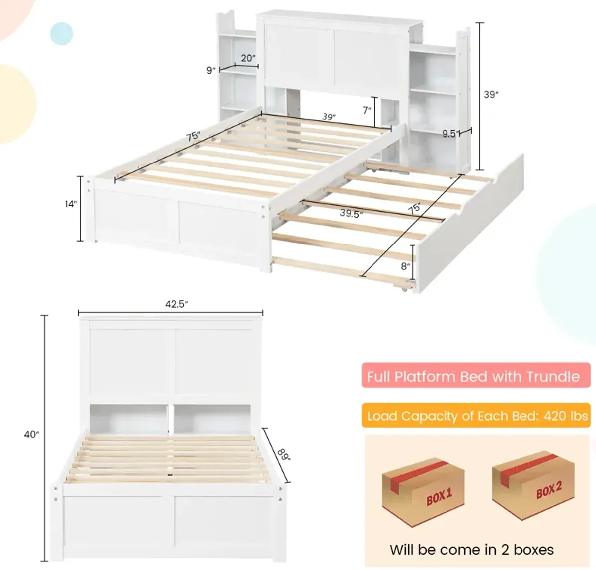 Kids Wooden Platform Bed with Trundle Storage Headboard-Twin Size