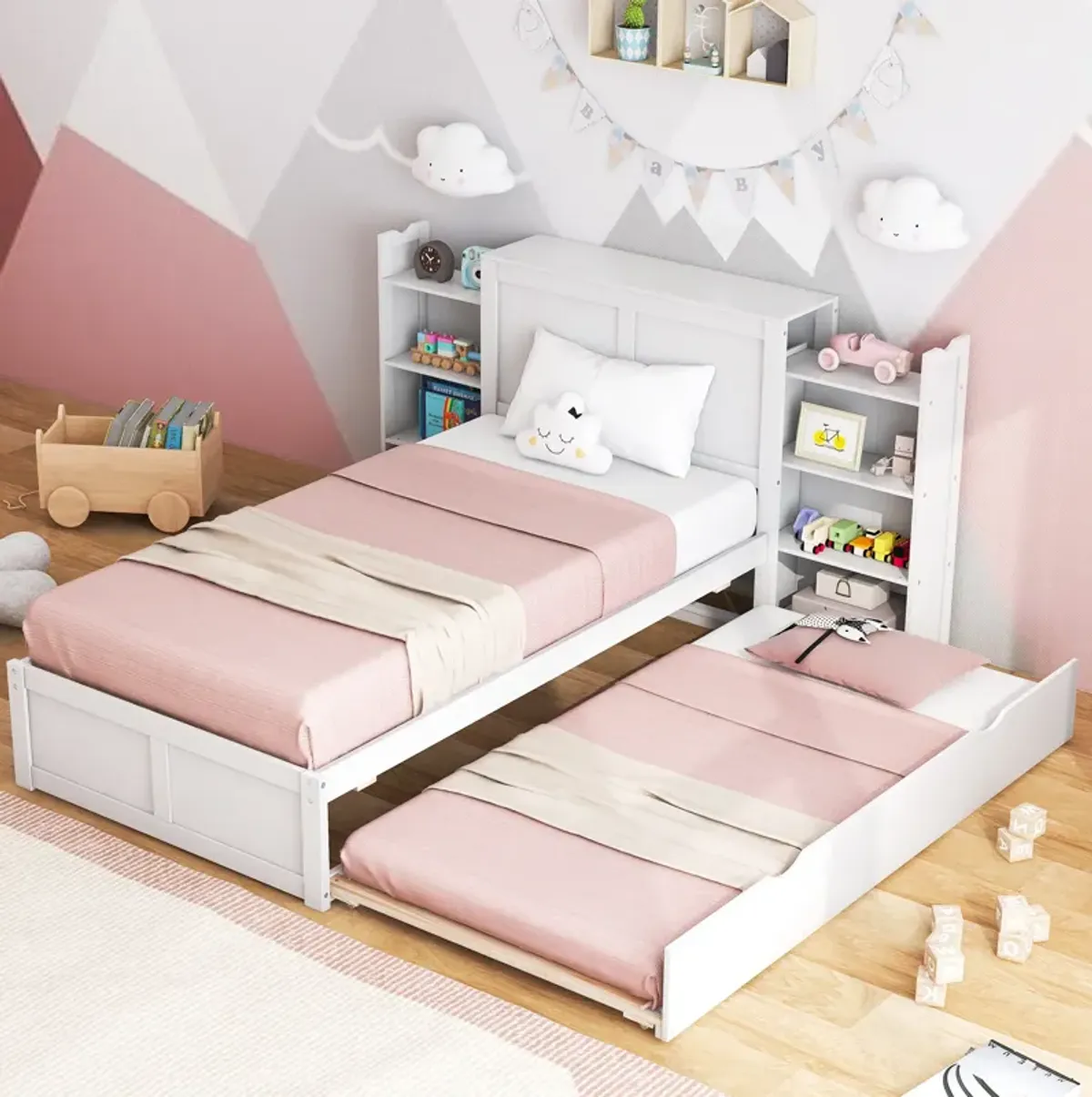 Kids Wooden Platform Bed with Trundle Storage Headboard-Twin Size