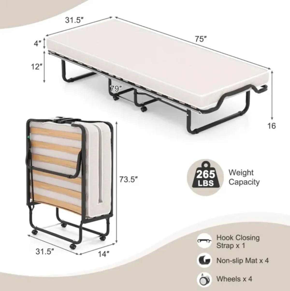 Hivvago Rollaway Folding Bed with Memory Foam Mattress Made in Italy