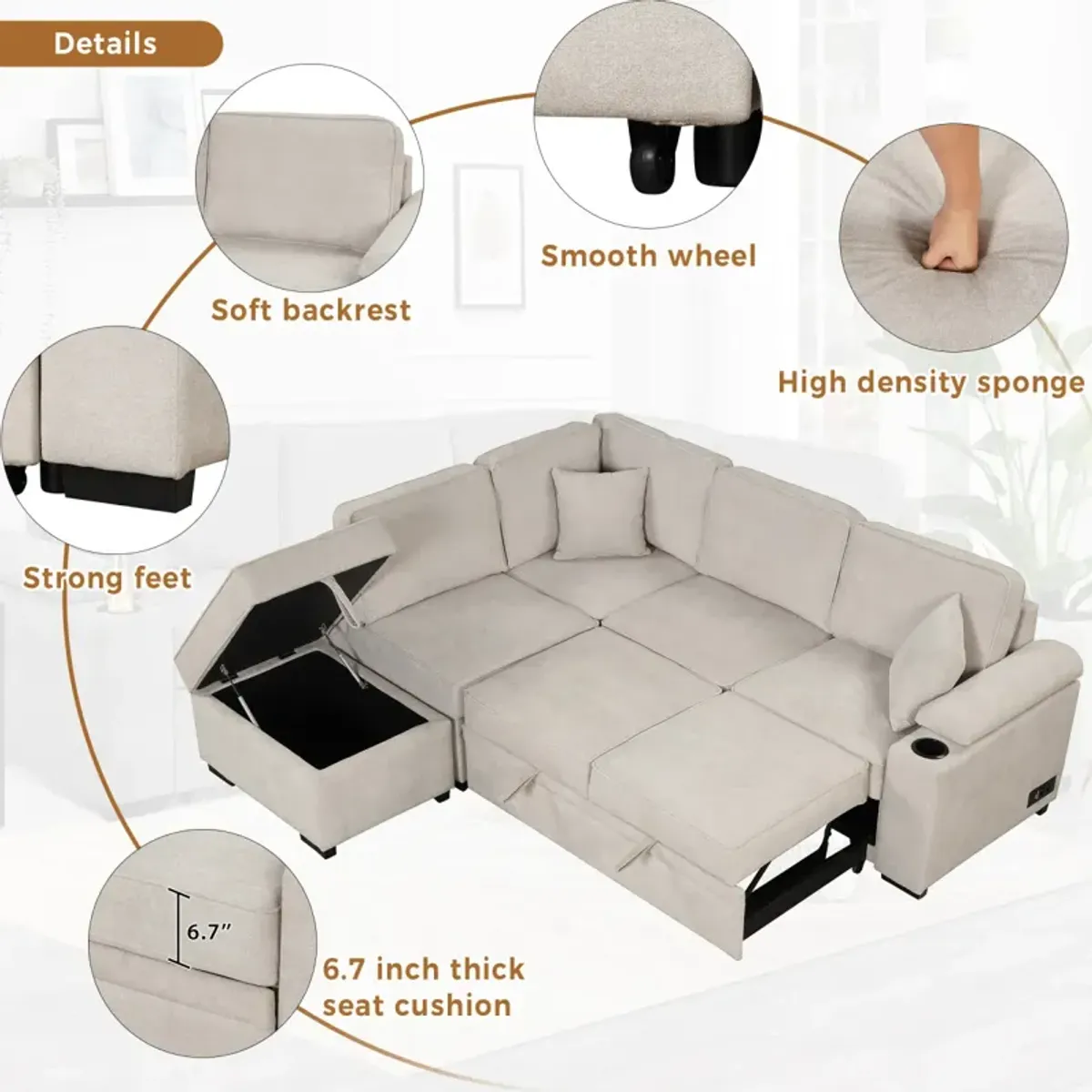 87.4" Sleeper Sofa Bed, 2 In 1 Pull Out Sofa Bed L Shaped Couch With Storage Ottoman