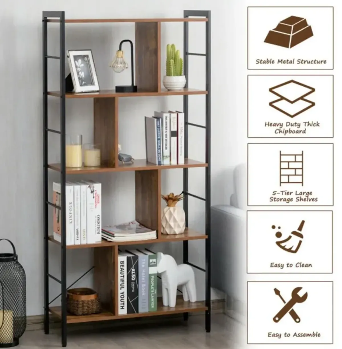 Hivvago 4-Tier Industrial Freestanding Bookshelf with Metal Frame