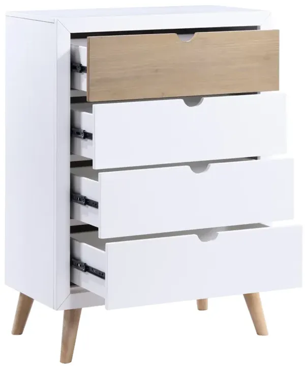 Kara 40 Inch Kids Tall Dresser Chest, 4 Drawers, Open Handles, White, Brown - Benzara