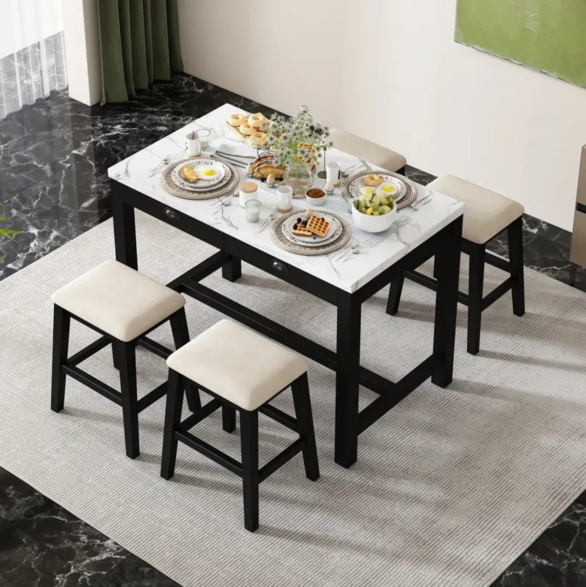 Merax 5-Piece Modern Faux Marble  Bar Table Dining Set