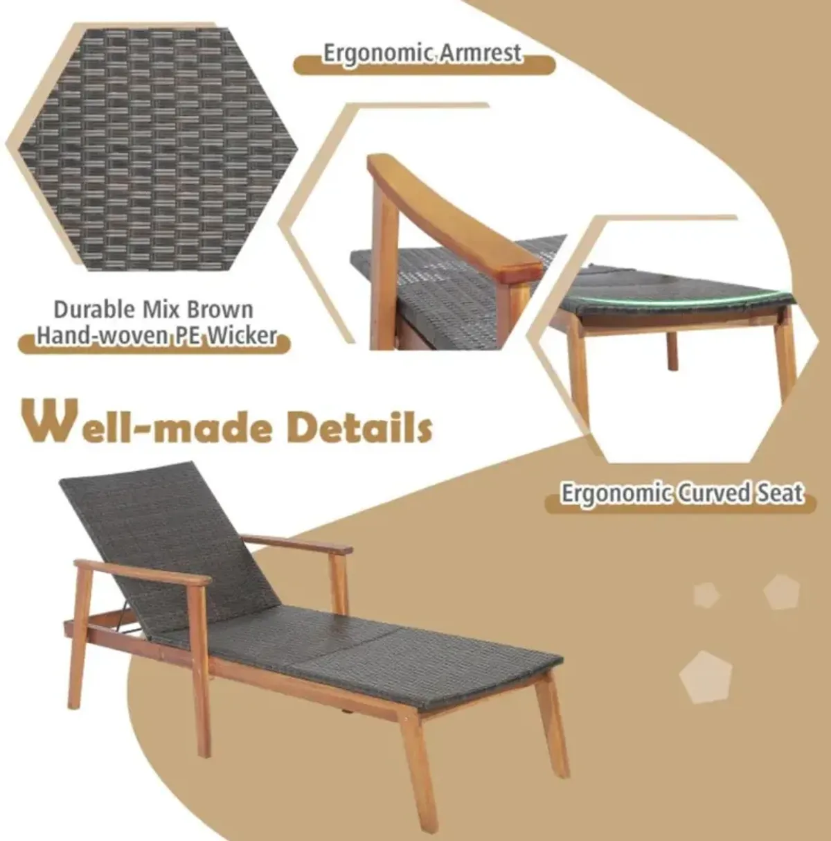 Hivvago Patio Rattan Lounge Chair with 4-Position Adjustable Backrest