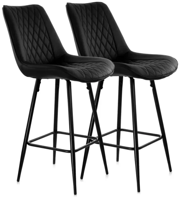 Elama 2 Piece Diamond Stitched Faux Leather Bar Chair in Black with Metal Legs