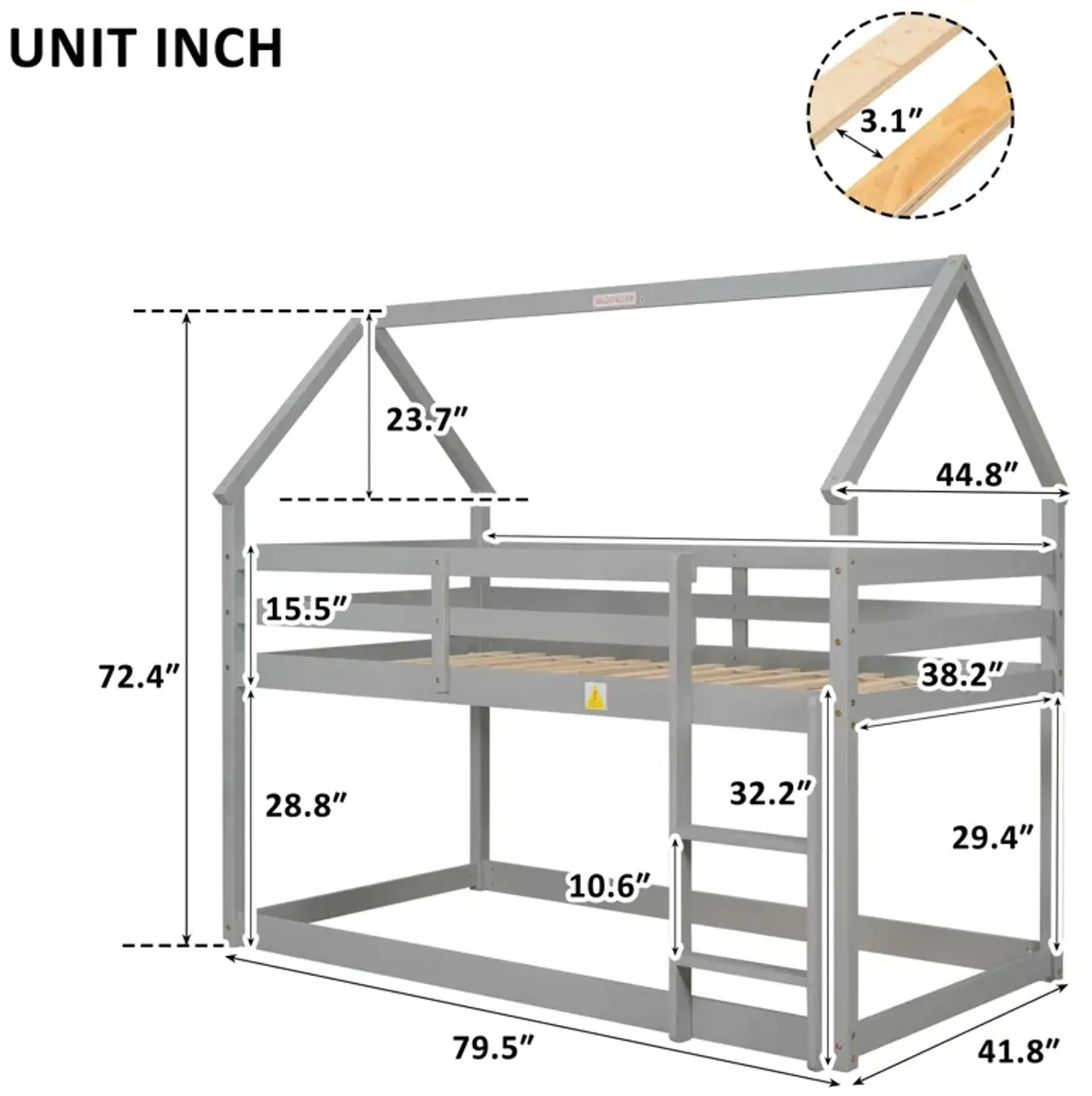 Twin Over Twin Loft Bed With Roof Design, Safety Guardrail, Ladder