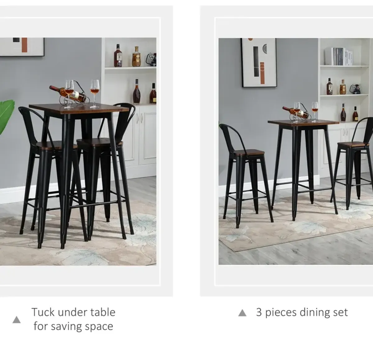 Industrial Pub Set: 3-Piece Black/Brown Counter Height Dining Set