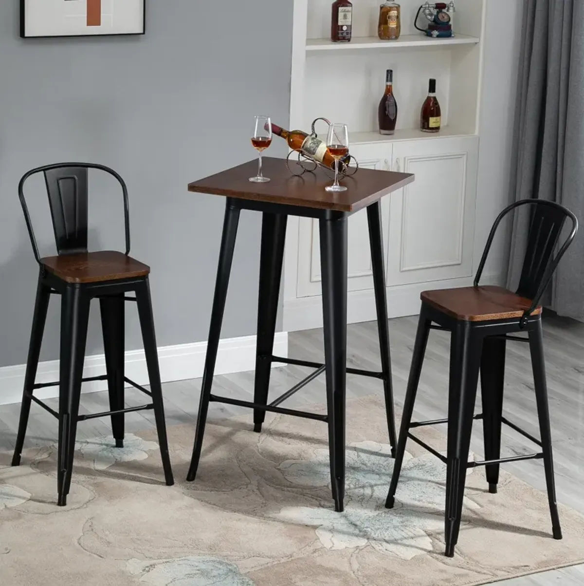 Industrial Pub Set: 3-Piece Black/Brown Counter Height Dining Set