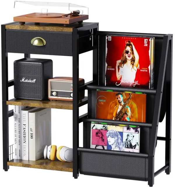YAKANJ End Table with Vinyl Record Storage,Record Player Stand,3 Tier Turntable Stand with Records Holder,Stand Table for Media