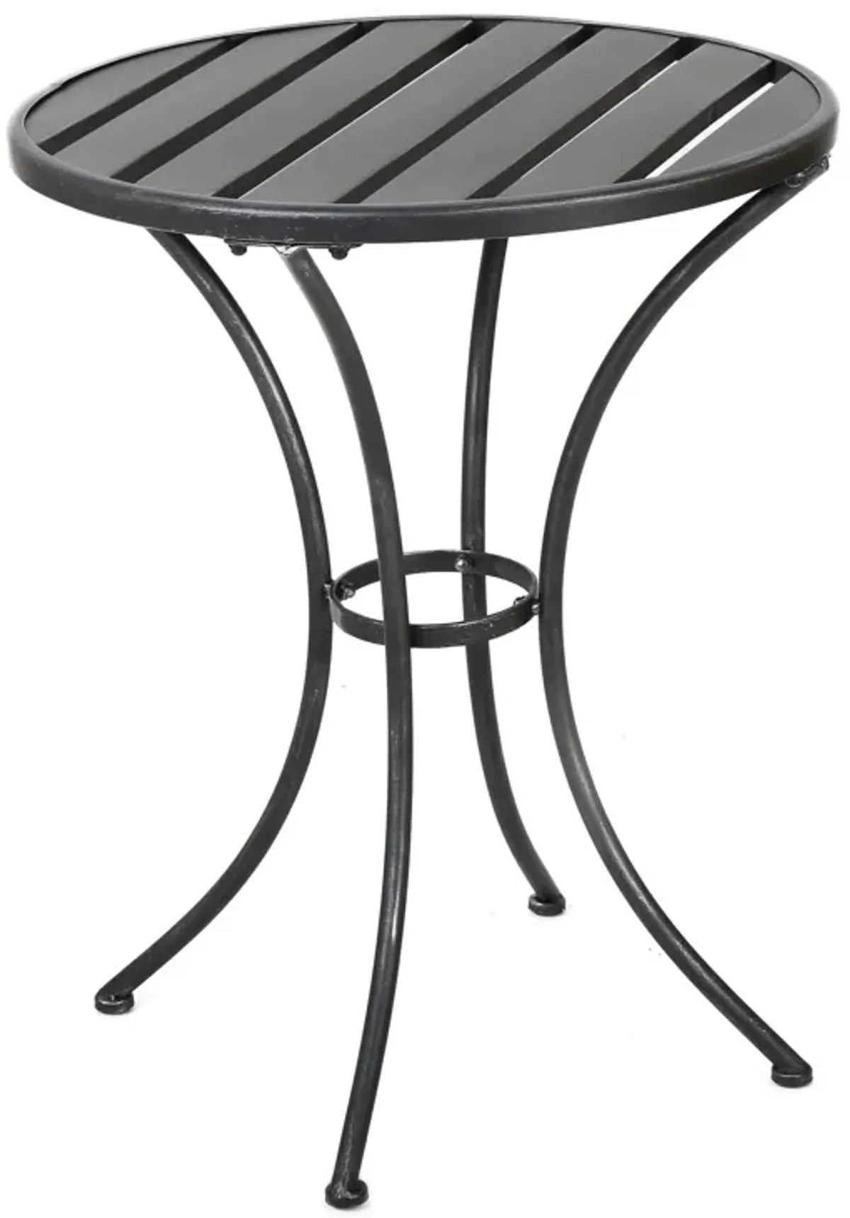 Rune Outdoor Bistro Set, 2 Chairs, Round Slatted Table, Black Iron - Benzara