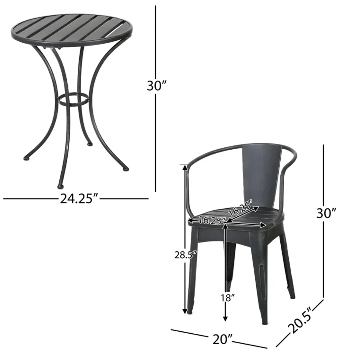 Rune Outdoor Bistro Set, 2 Chairs, Round Slatted Table, Black Iron - Benzara