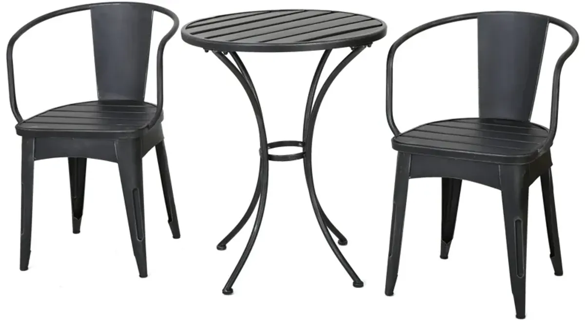 Rune Outdoor Bistro Set, 2 Chairs, Round Slatted Table, Black Iron - Benzara