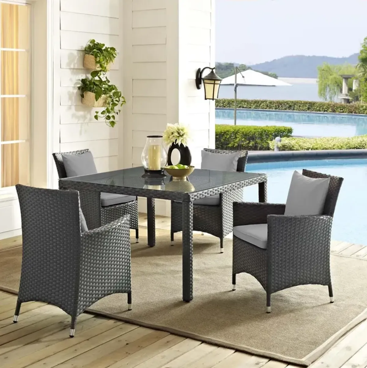 Modway EEI-2243-CHC-GRY-SET Sojourn Wicker Rattan Outdoor Patio Sunbrella Dining Chairs in Canvas Gray, Four Armchairs