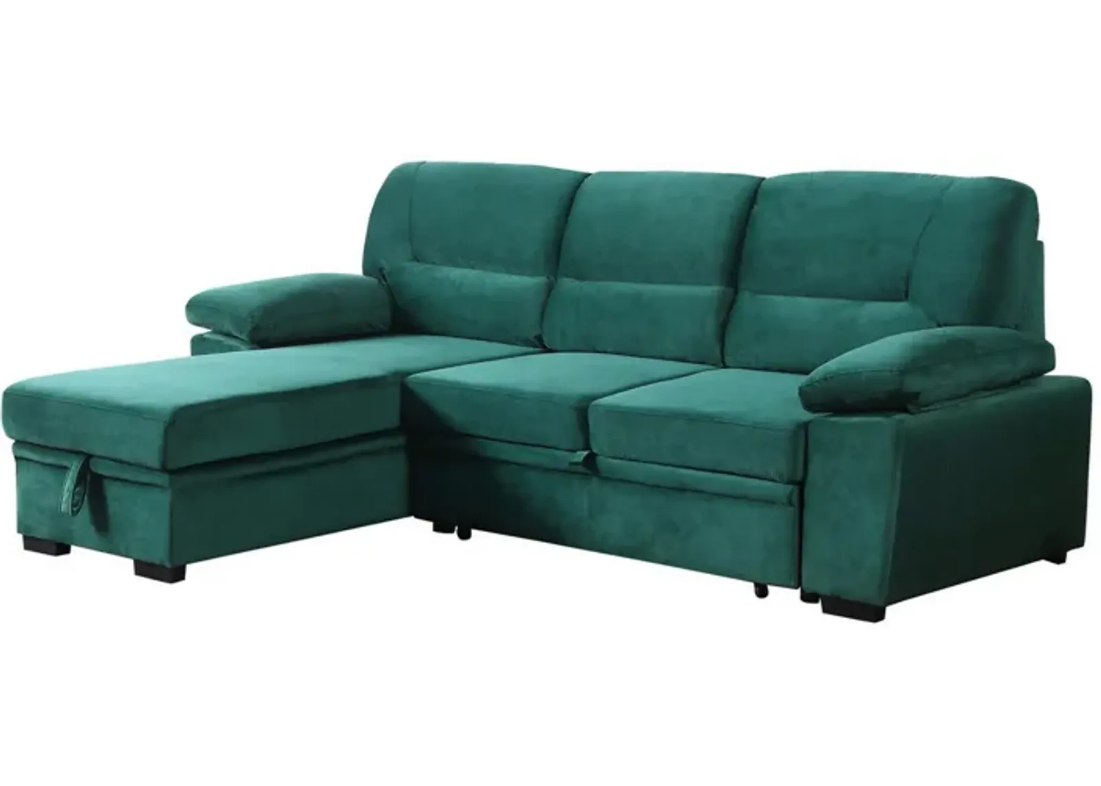 Exie 98 Inch 2 Piece Sectional Sofa, Pull Out Bed, Storage, Green Velvet-Benzara