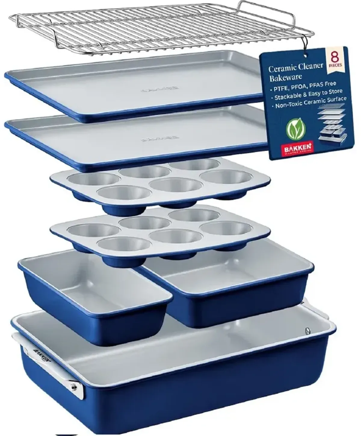 Bakken 8-Piece Stackable Bakeware Set - Ceramic Non-Stick Coating, Baking Sheets, Assorted Baking Pans, PTFE, PFOA & PFOS Free - Healthy Baking, Ergonomic Handles, Cooling Rack, Non-Toxic, Oven-Safe